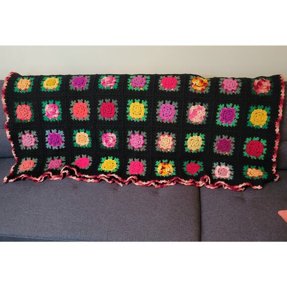 Granny Square Crochet Afghan Flower Rose Colorful Throw Black Multicolor 56X 64 - Picture 1 of 5